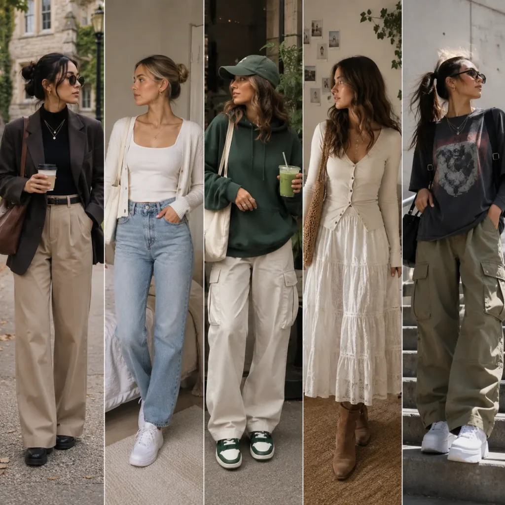 Different college fashion aesthetics including minimalist, preppy, boho, and streetwear styles