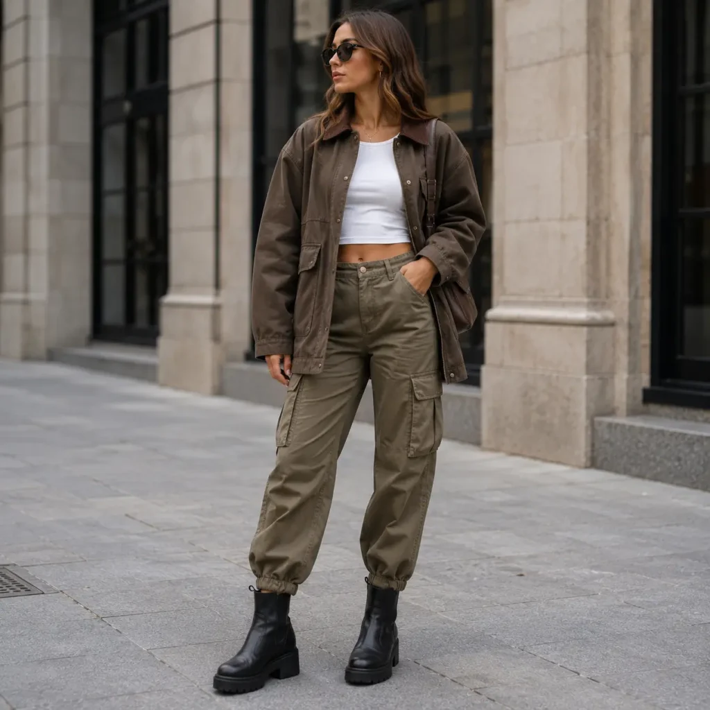 Woman wearing olive cargo pants with black ankle boots, a fitted white top, and an oversized brown jacket