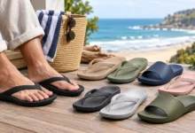 Archies Footwear arch support flip flops and slides in a beachside setting