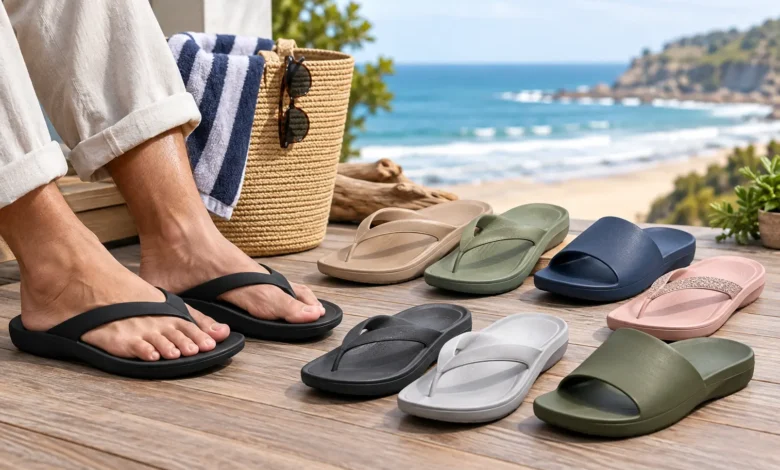 Archies Footwear arch support flip flops and slides in a beachside setting