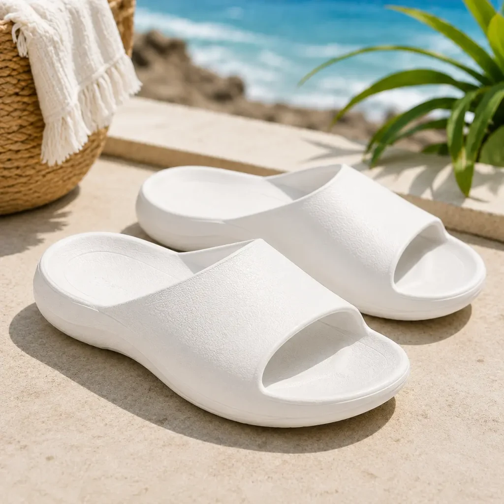 Archies white arch support slides for women with a cushioned contoured footbed
