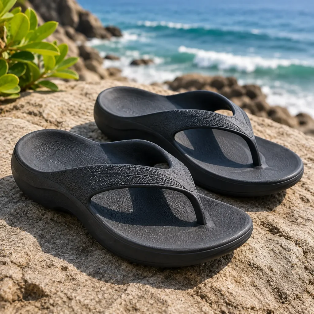 Men’s Archies classic arch support flip flops in black on a seaside rock