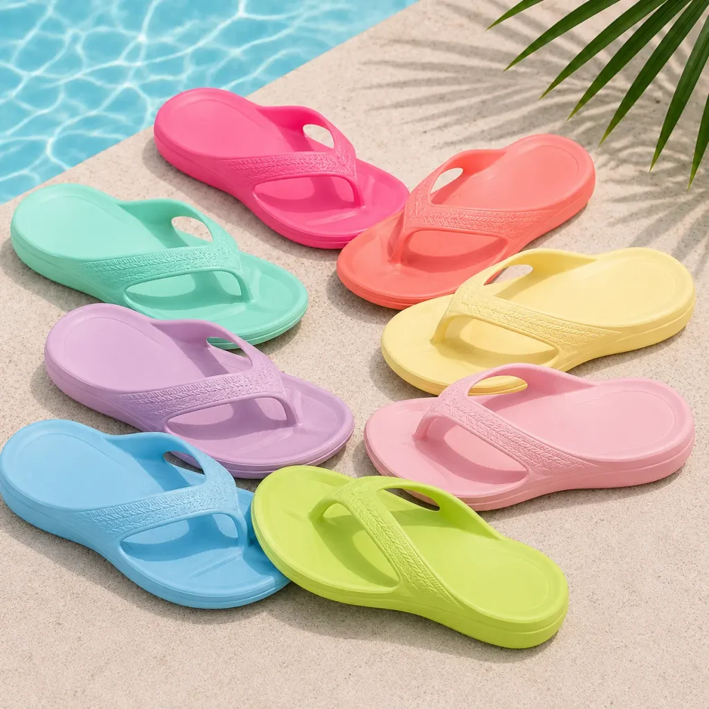 Archies Classic flip-flops in bright and pastel colors, including pink, coral, mint, yellow, lavender, blue, and lime green, arranged on a sunny poolside surface.