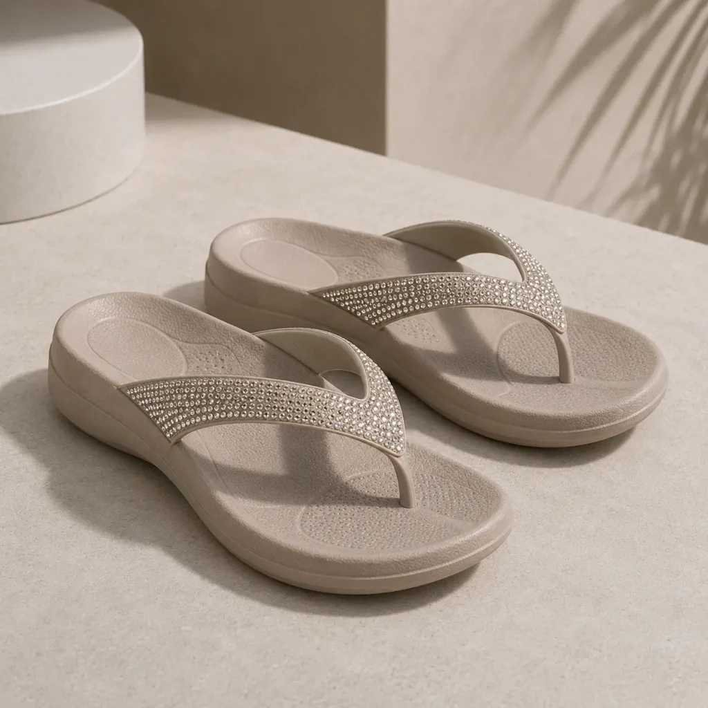 Beige women's crystal arch support flip flops with sparkling embellished straps and cushioned contoured soles in a minimalist studio setting.