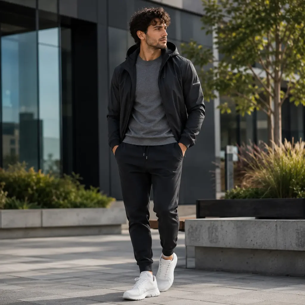 Man wearing a sleek athletic jacket, fitted top, tapered joggers, and white sneakers in a modern athleisure outfit.