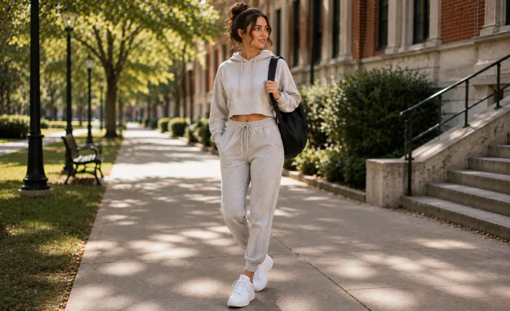 Young woman wearing a neutral athleisure set and sneakers while walking on campus