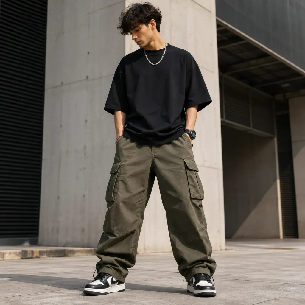 Young man wearing baggy olive cargo pants with an oversized black T-shirt and chunky sneakers in an urban streetwear setting.