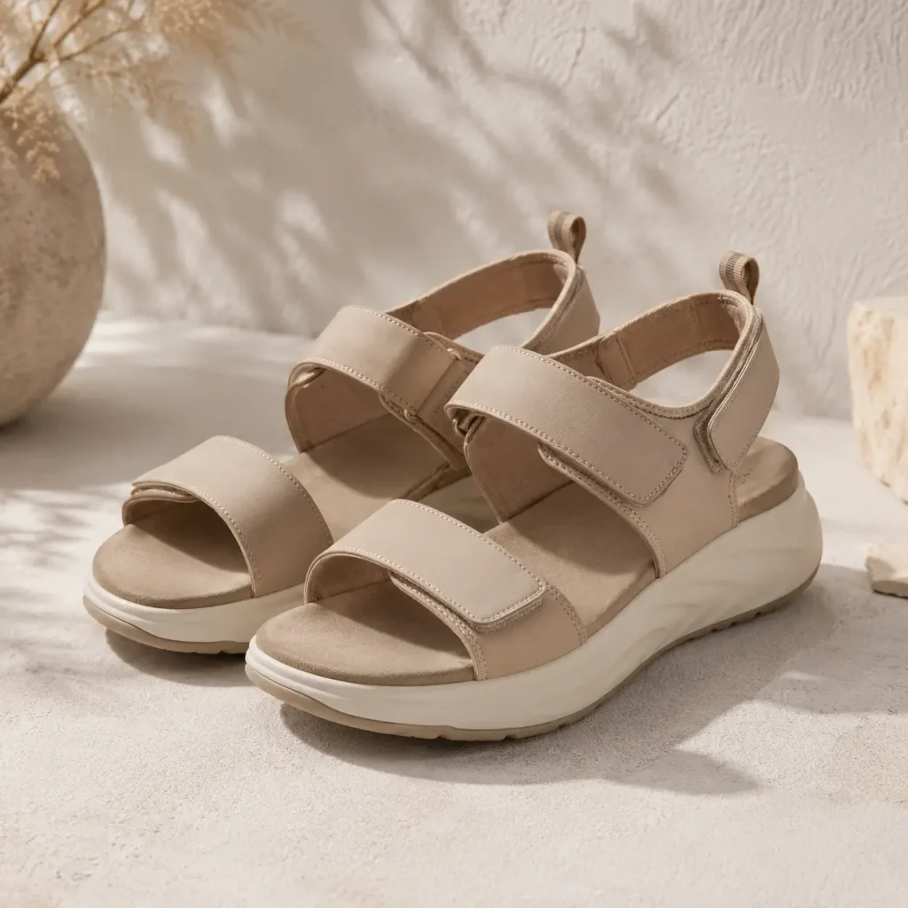 Bared Cygnet Sandal in beige with chunky sole, adjustable straps, and supportive design