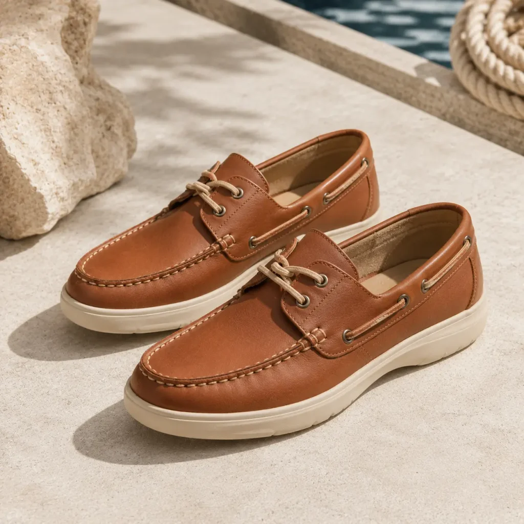 Bared Tattler Boat Shoe in brown leather with classic stitching and cream sole