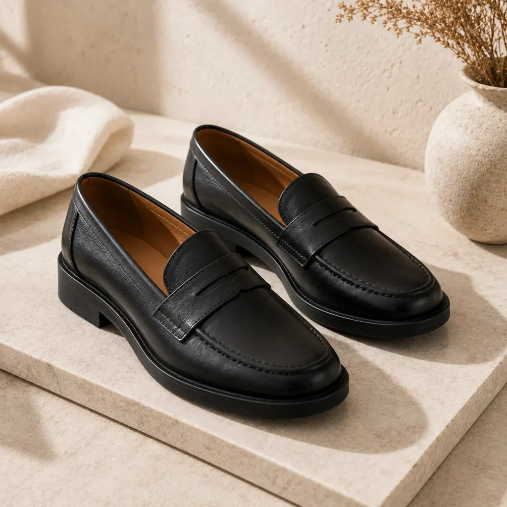 Bared Wedgebill Loafer in classic black leather with a timeless supportive design
