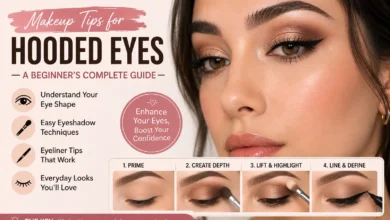 Beginner-friendly hooded eyes makeup tutorial showing soft eyeshadow, winged eyeliner, and step-by-step techniques for enhancing hooded eyes.