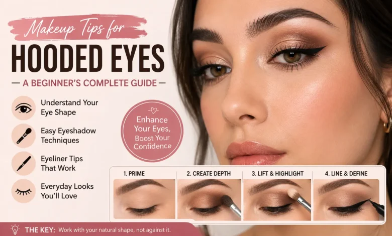 Beginner-friendly hooded eyes makeup tutorial showing soft eyeshadow, winged eyeliner, and step-by-step techniques for enhancing hooded eyes.