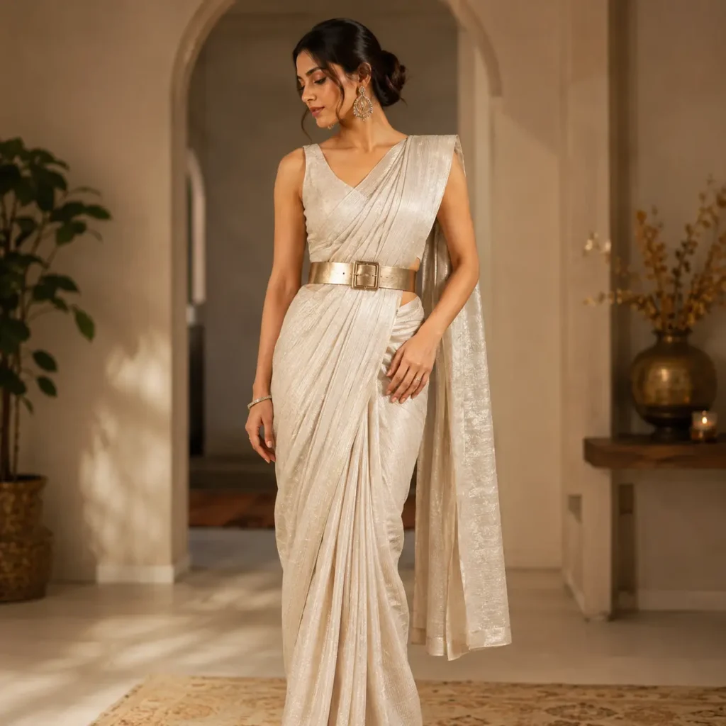 Modern belted saree outfit for women with stylish contemporary drape