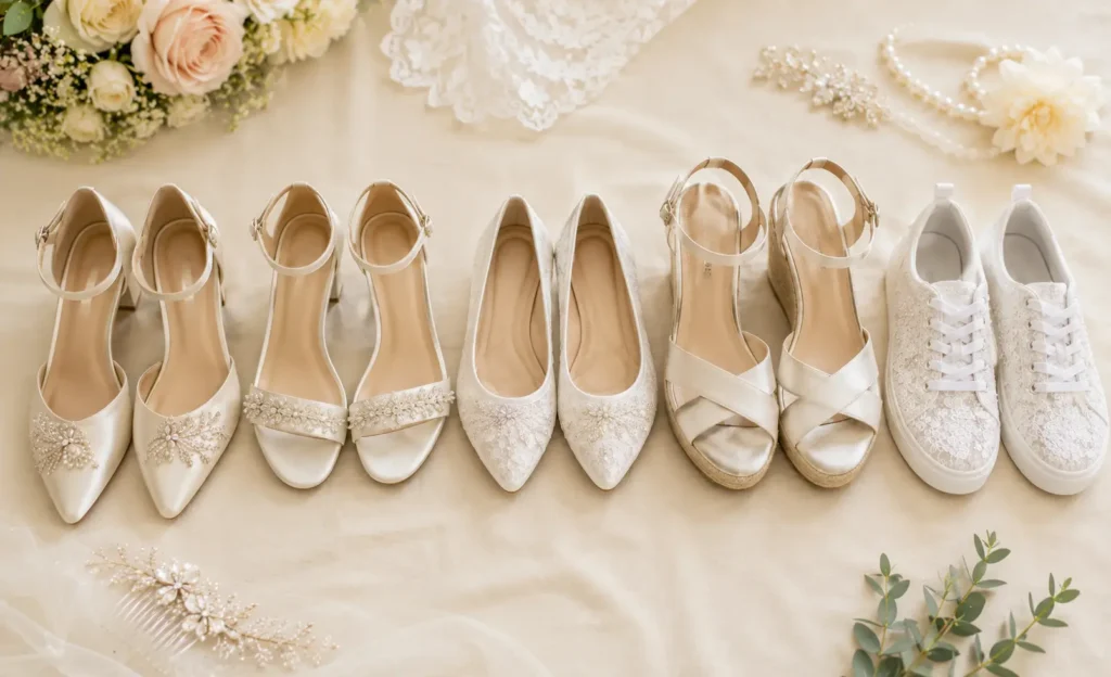 Collection of comfortable bridal shoes including block heels, flats, wedges, sandals, and bridal sneakers arranged in a wedding-themed flat lay.