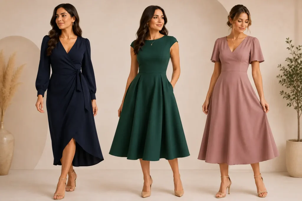 Three flattering dresses for a pear shaped body including a wrap dress, fit-and-flare dress, and A-line midi dress.
