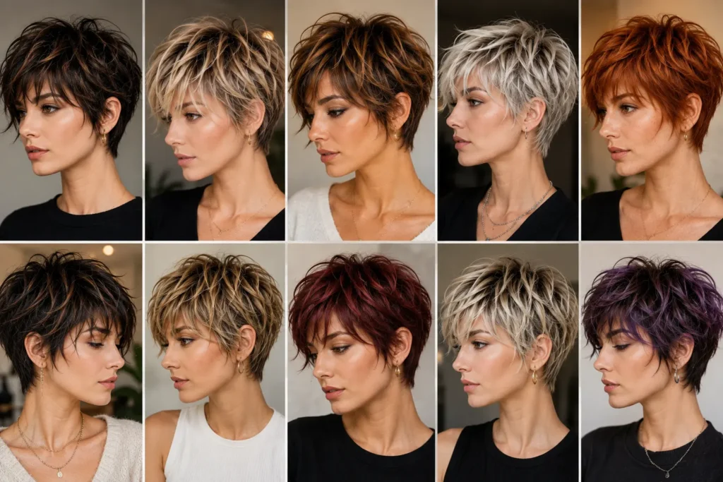 Collage of shaggy pixie haircuts featuring brunette, blonde, platinum, copper, auburn, and balayage hair colors.