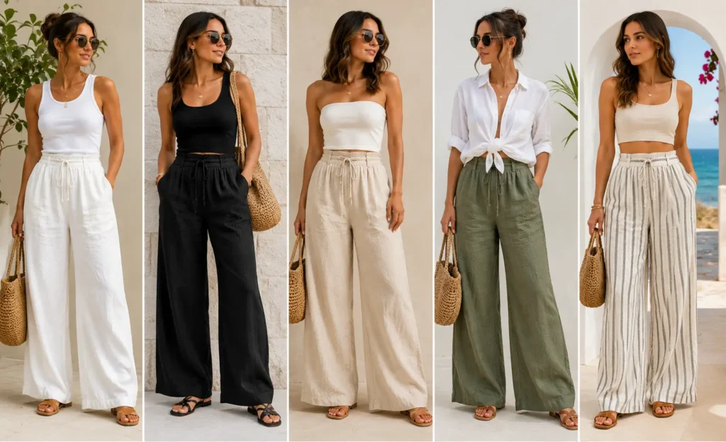 Women styling white, black, beige, olive and striped linen pants