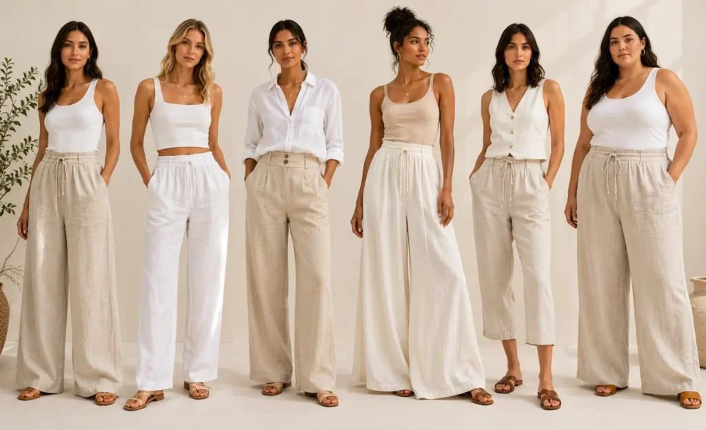 Women wearing different linen pants fits for various body types