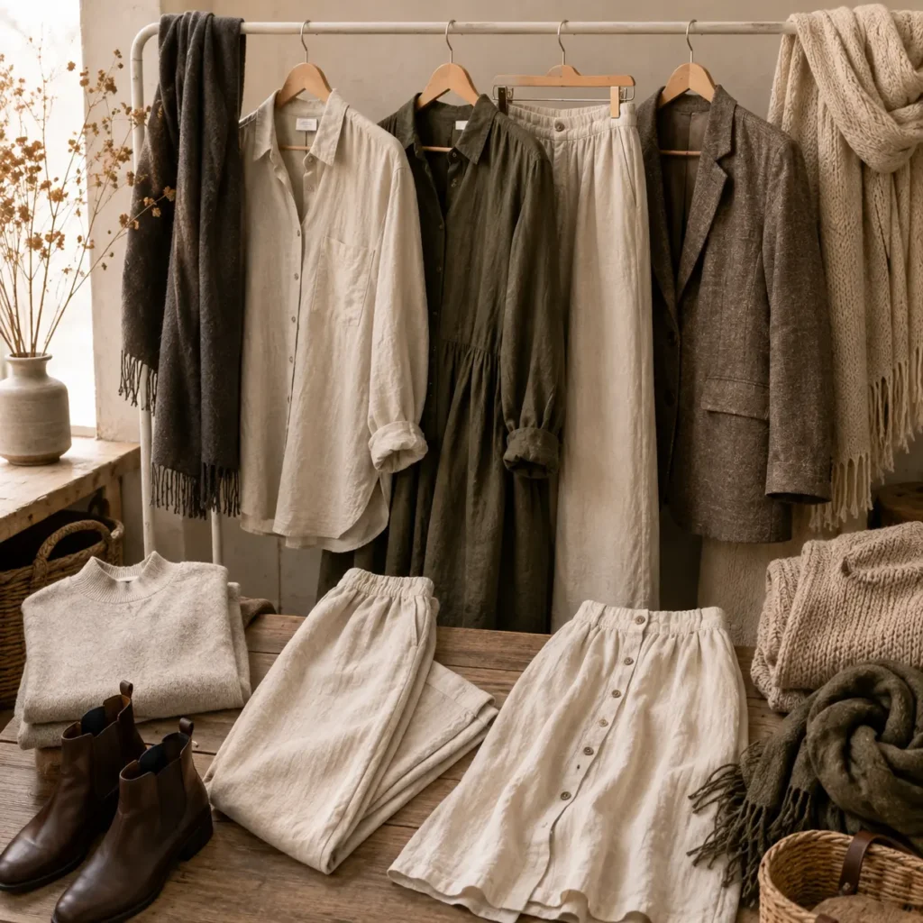 Neutral linen winter wardrobe featuring shirts, trousers, dresses, blazer, knitwear, scarf, and boots