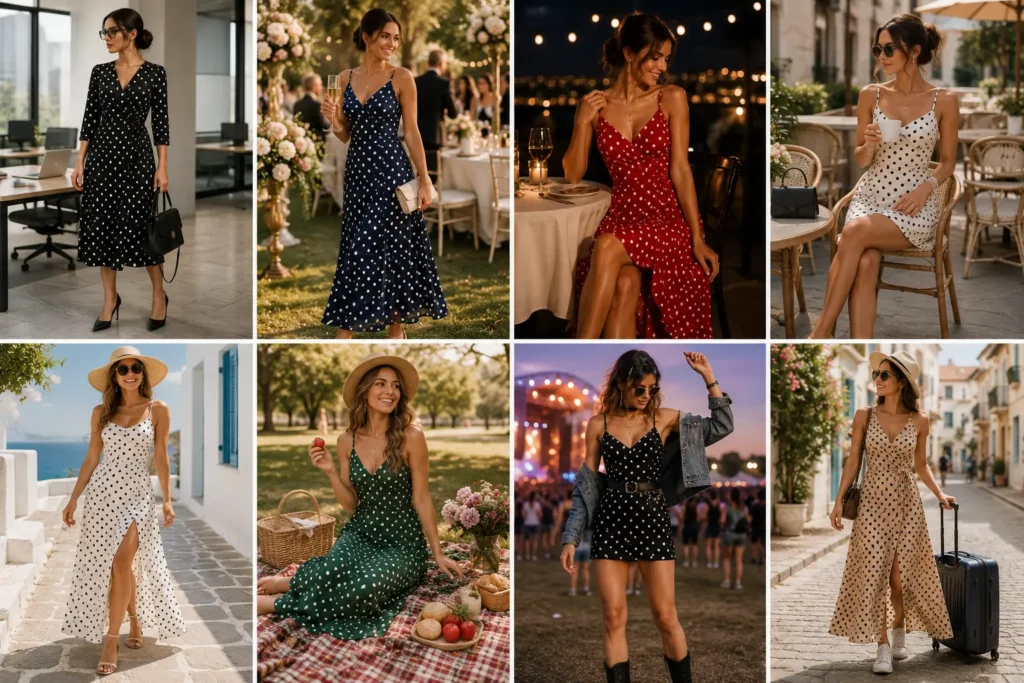 Polka dot dresses styled for office, wedding, date night, brunch, vacation, picnic, festival, and travel.
