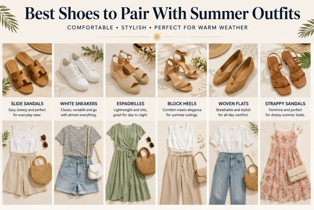 Collection of the best summer shoes including slide sandals, white sneakers, espadrilles, block heels, woven flats, and strappy sandals paired with stylish outfits.