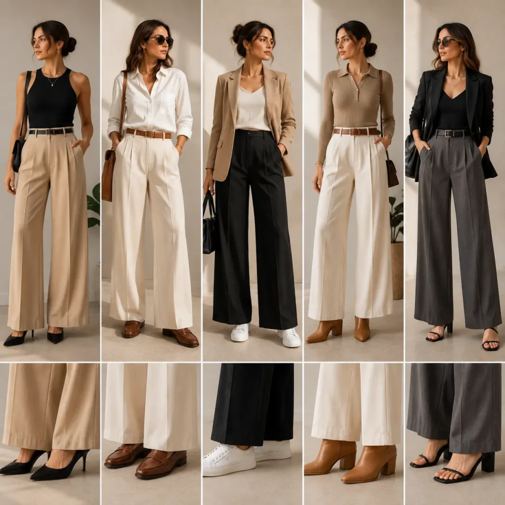 Women wearing wide leg pants with heels, loafers, sneakers, ankle boots, and sandals