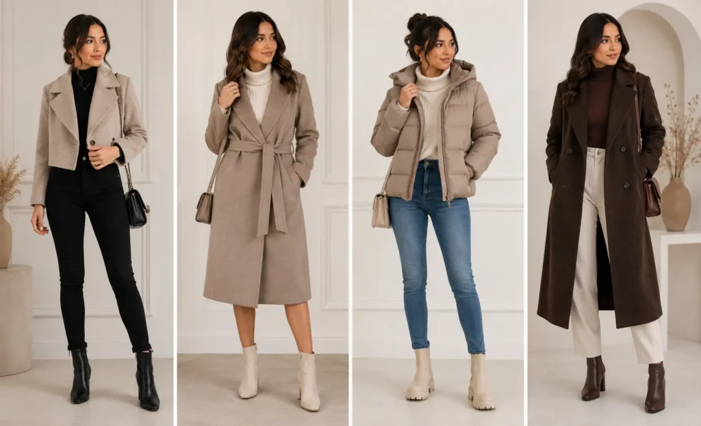 Four winter coat styles for petite women including cropped coat, belted wool coat, fitted puffer jacket, and tailored long coat