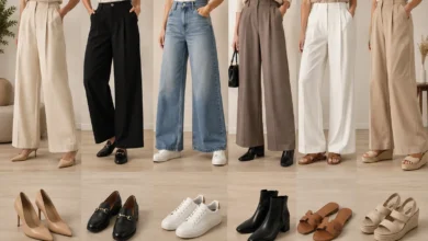 Best shoes to wear with wide leg pants, featuring heels, loafers, sneakers, ankle boots, flat sandals, and wedges styled with different wide-leg trousers.