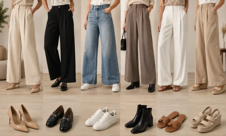Best shoes to wear with wide leg pants, featuring heels, loafers, sneakers, ankle boots, flat sandals, and wedges styled with different wide-leg trousers.