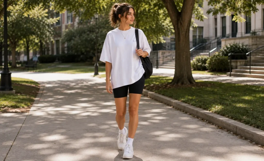 Young woman wearing black bike shorts, oversized white tee, and sneakers on campus