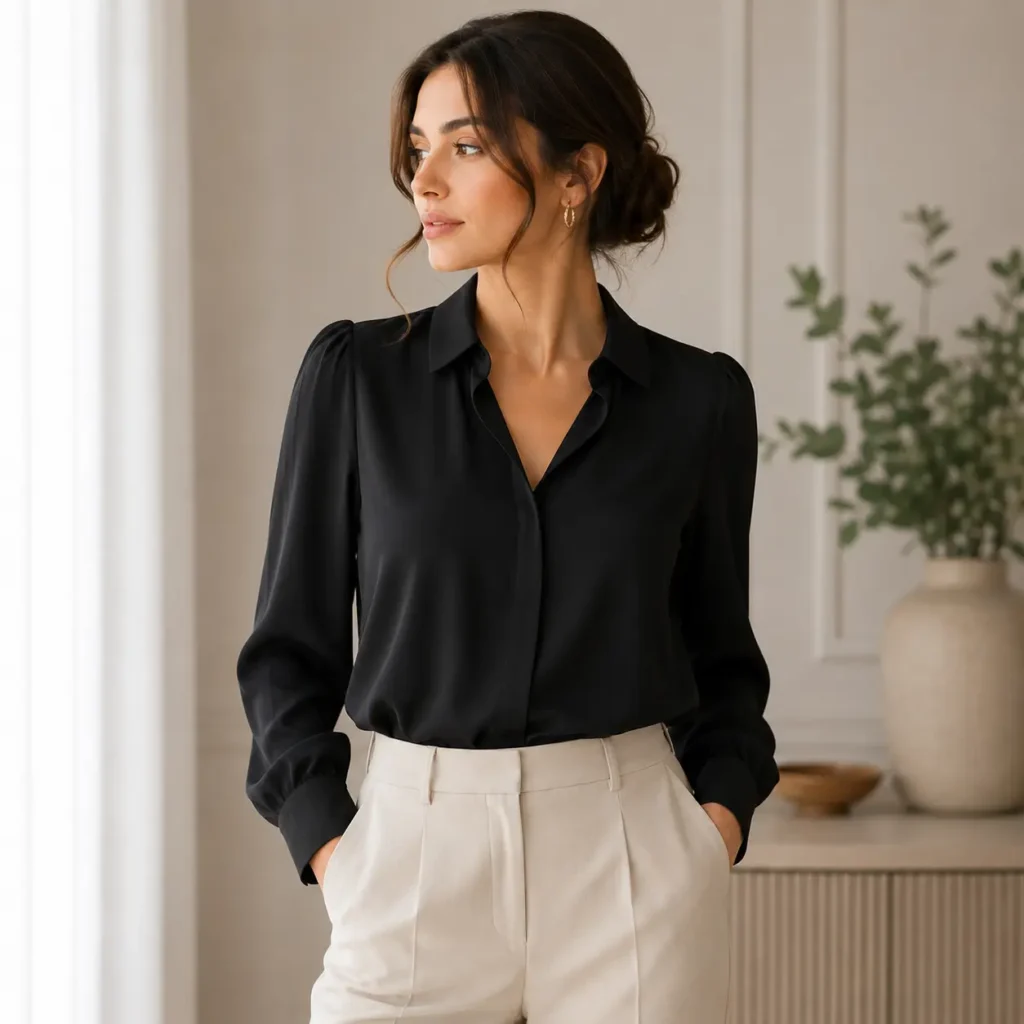 Woman wearing a sophisticated black blouse with puffed sleeves and cream tailored trousers.