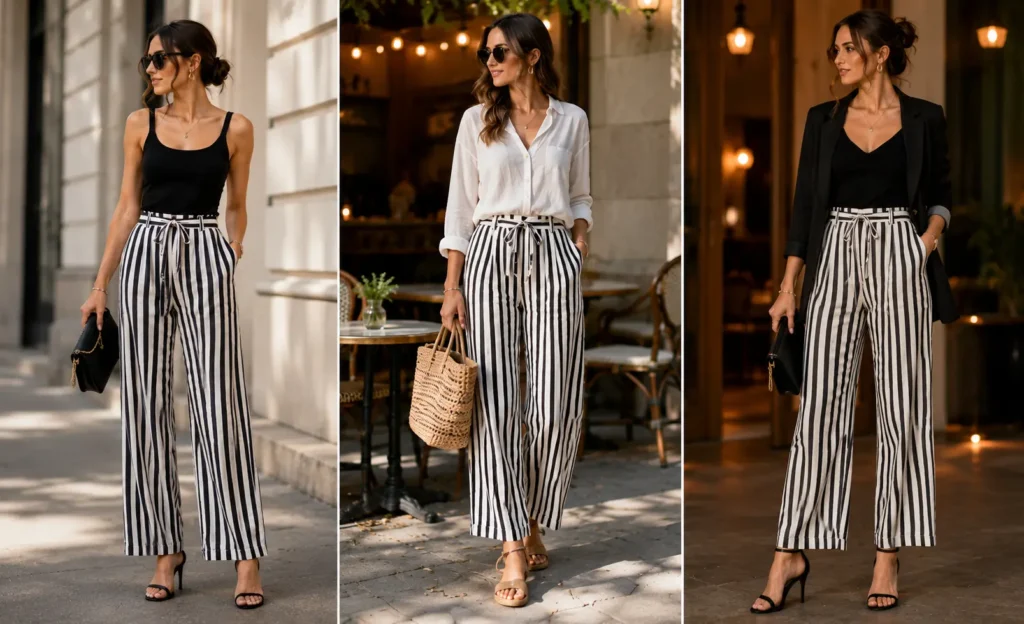 Woman styling black and white striped linen pants with a fitted top for an elegant outfit