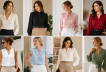 Fashion collage showing eight women wearing different stylish blouses designs in neutral and colorful tones.