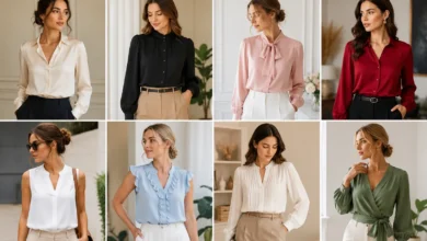 Fashion collage showing eight women wearing different stylish blouses designs in neutral and colorful tones.