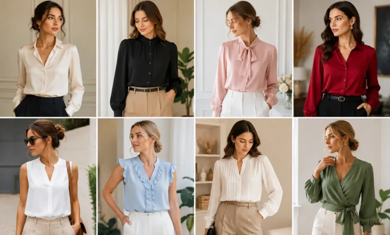Fashion collage showing eight women wearing different stylish blouses designs in neutral and colorful tones.