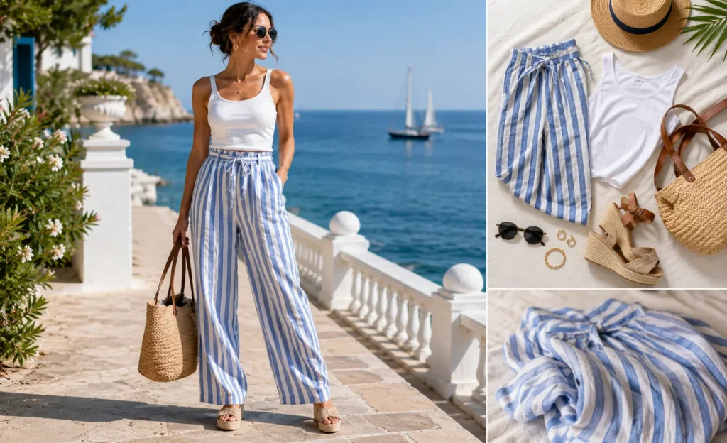 Woman wearing blue and white striped linen pants with a white top for a coastal summer look