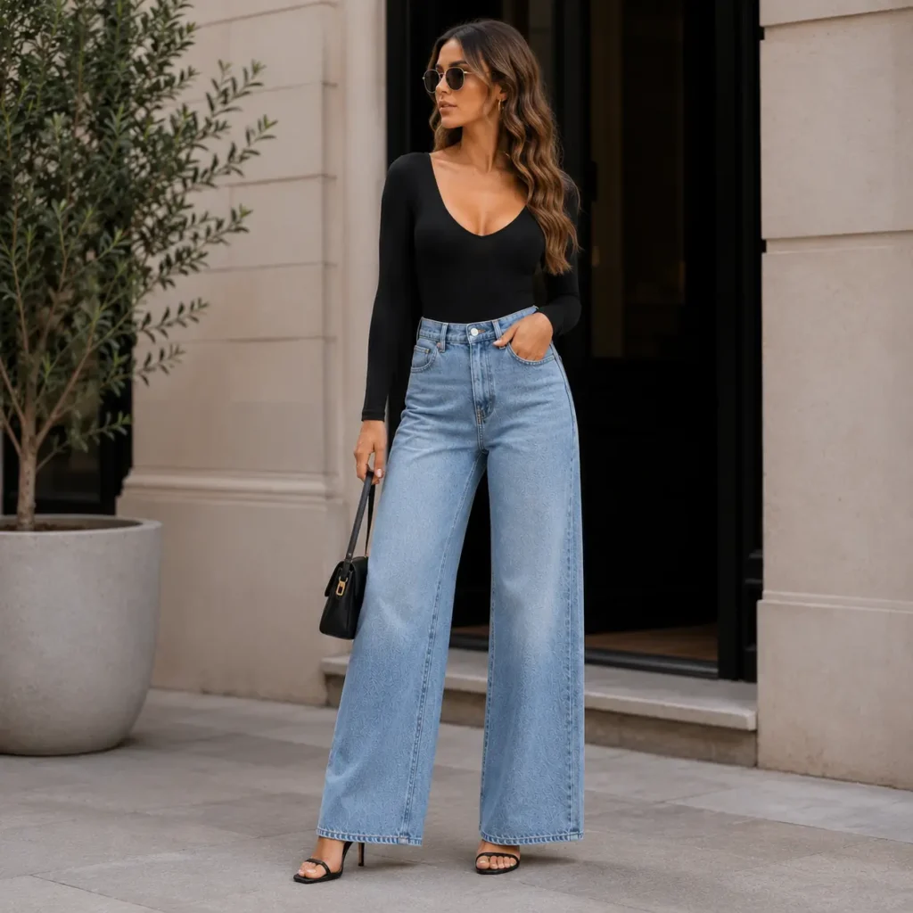 Woman wearing a bodysuit with wide leg jeans and heels