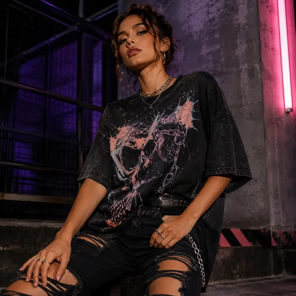 Woman wearing a bold graphic tee with an edgy distressed denim streetwear outfit