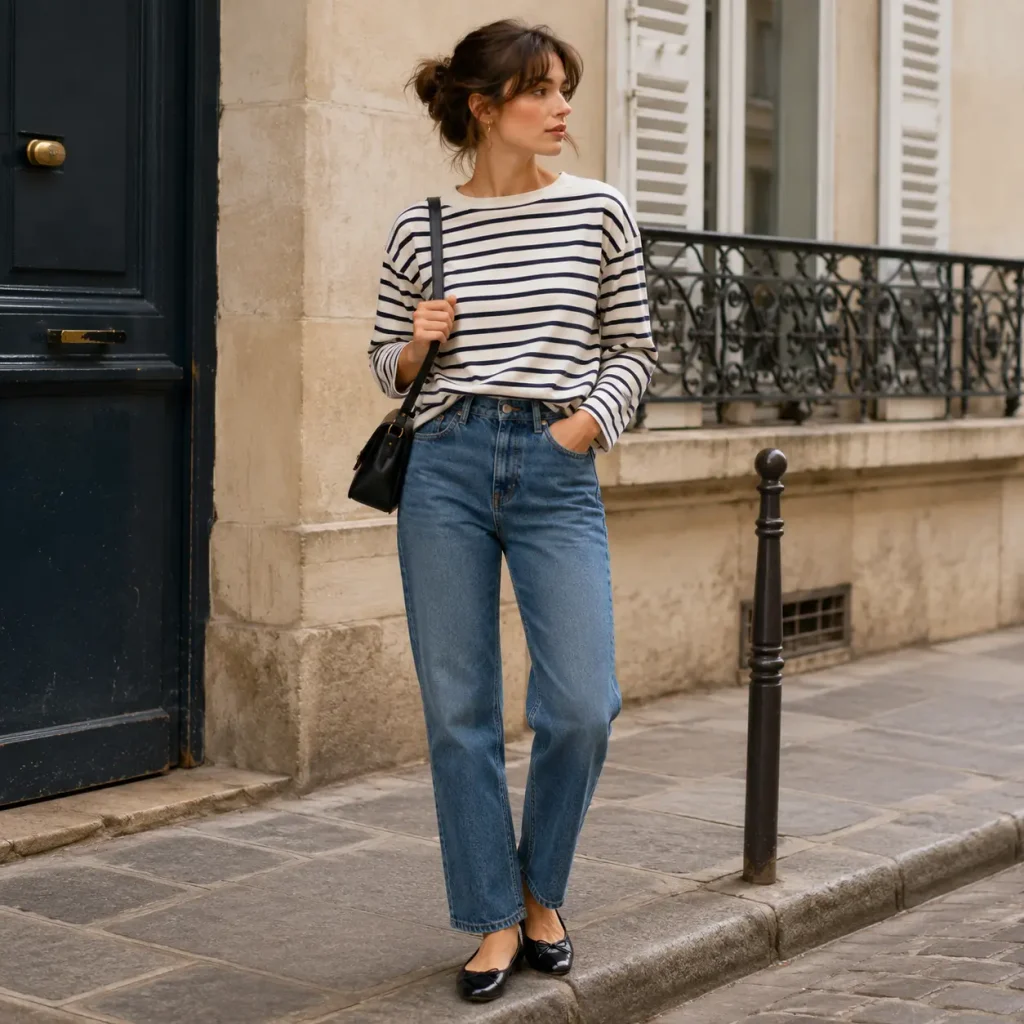 Woman wearing a Breton striped shirt with straight-leg jeans and ballet flats on a European street.