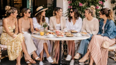 Stylish women wearing chic brunch outfits while enjoying a meal together at a sunny outdoor café