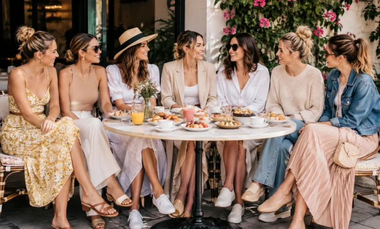 Stylish women wearing chic brunch outfits while enjoying a meal together at a sunny outdoor café