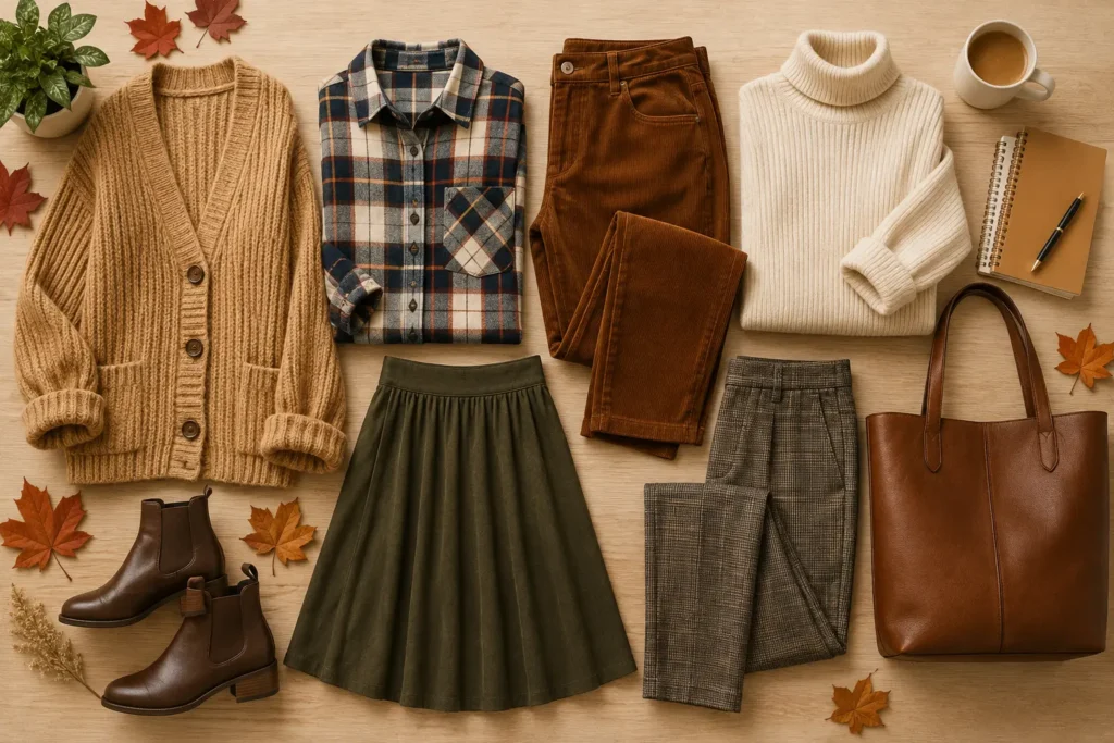 Flat lay of essential fall teacher wardrobe pieces including a cardigan, flannel shirt, turtleneck, corduroy pants, midi skirt, ankle boots, leather tote bag, and autumn accessories.