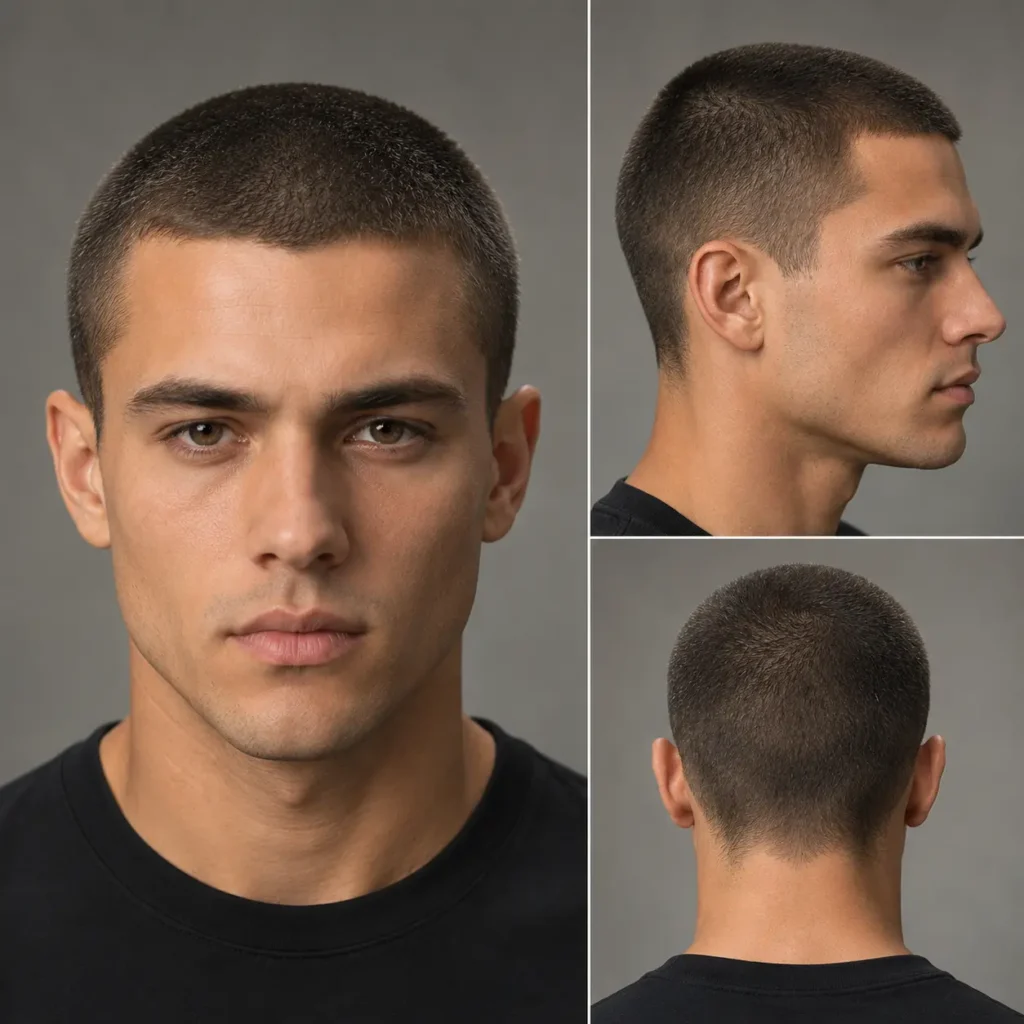 Burr cut with a short even buzz haircut shown from front and side