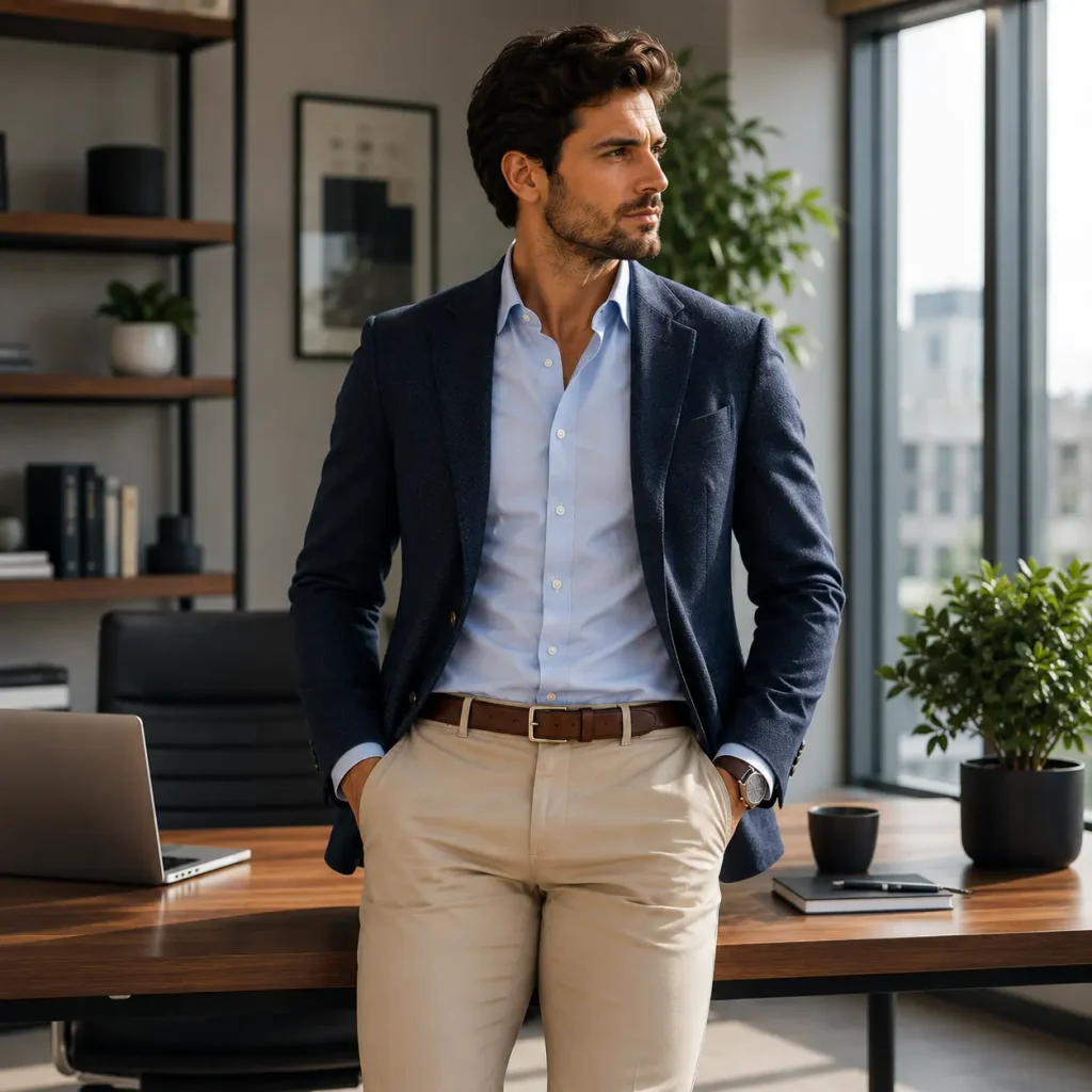 Man wearing a navy blazer, light blue shirt, and tan chinos for a polished modern business casual outfit.