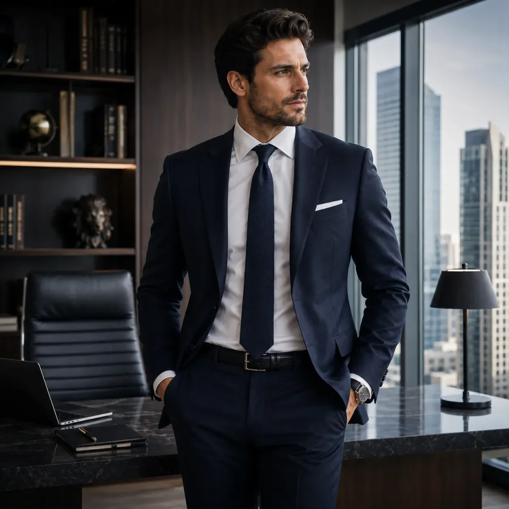 Man in a tailored navy business suit, white dress shirt, and tie presenting a polished formal office style.
