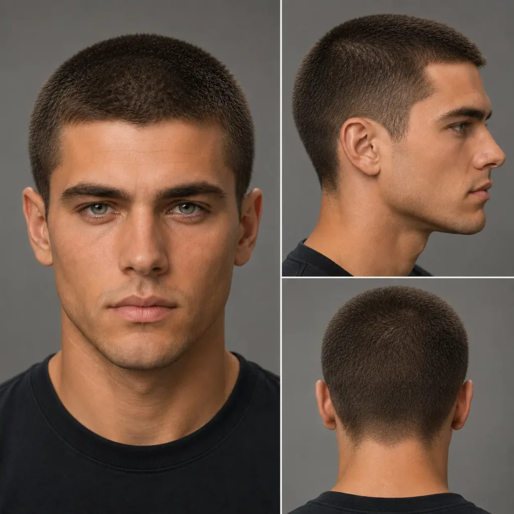 Butch cut with an even short buzz style and clean tapered neckline