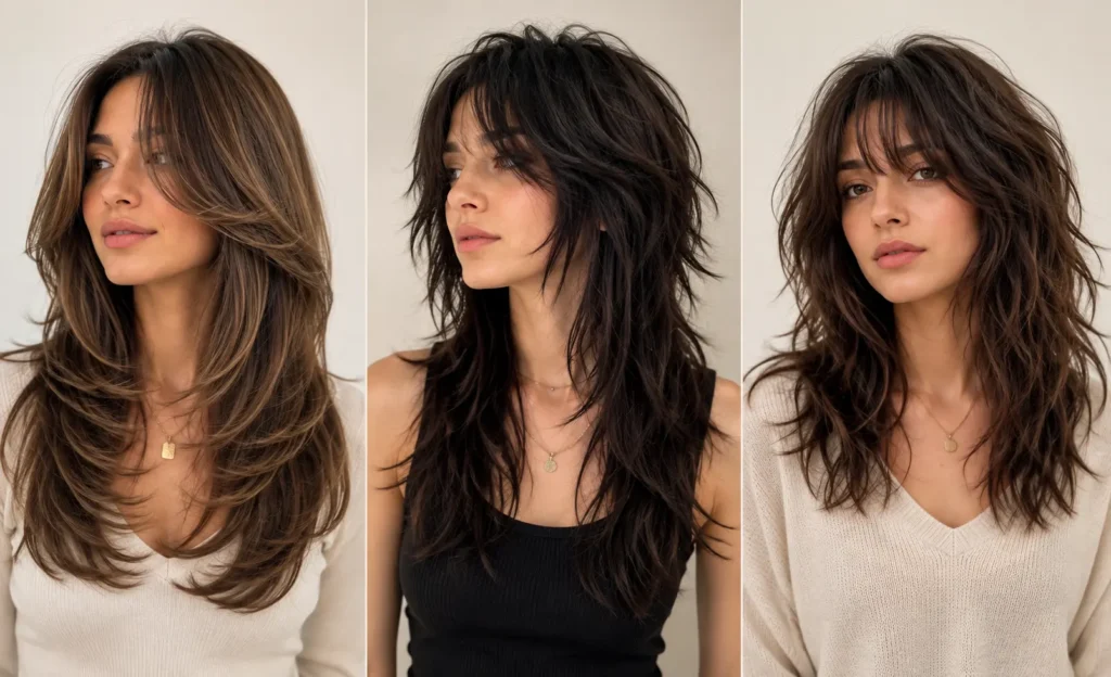 Side-by-side comparison of butterfly haircut, wolf cut, and shag haircut showing differences in layers, texture, and overall style.