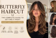 Woman with a modern butterfly haircut featuring soft face-framing layers and voluminous feathered ends, showcasing the complete butterfly haircut style.