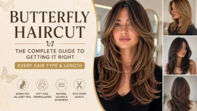 Woman with a modern butterfly haircut featuring soft face-framing layers and voluminous feathered ends, showcasing the complete butterfly haircut style.