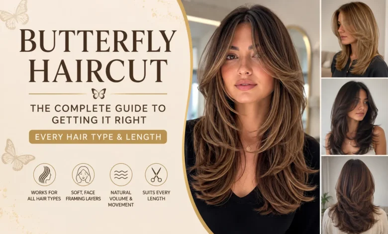 Woman with a modern butterfly haircut featuring soft face-framing layers and voluminous feathered ends, showcasing the complete butterfly haircut style.